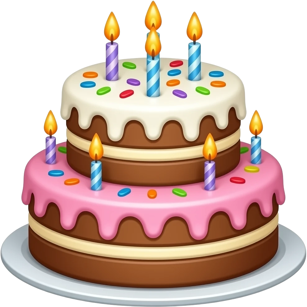 festive two-storey cake (white icing on top, pink on the bottom, brown cakes) with candles and sprinkles emoji