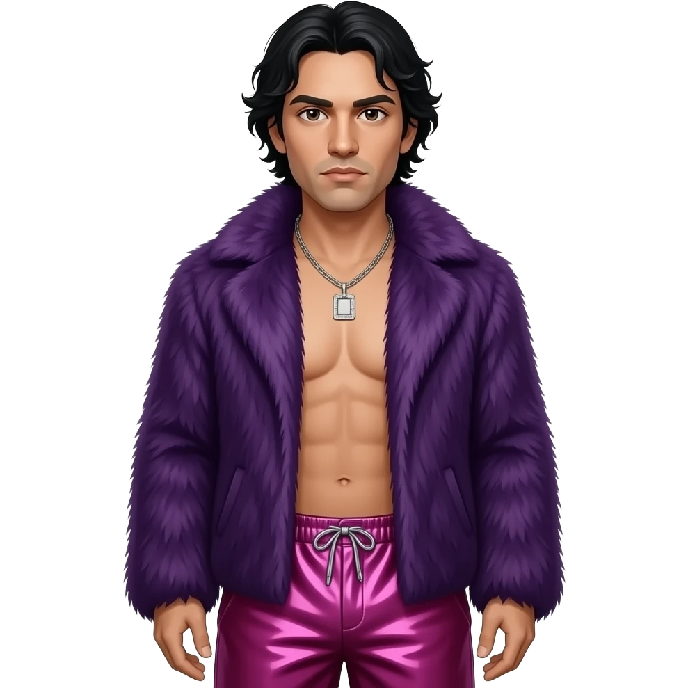 Chino Moreno with brown eyes, black hair, deep purple fur shawl, magenta metallic baggy loose pants, shirtless with necklace emoji
