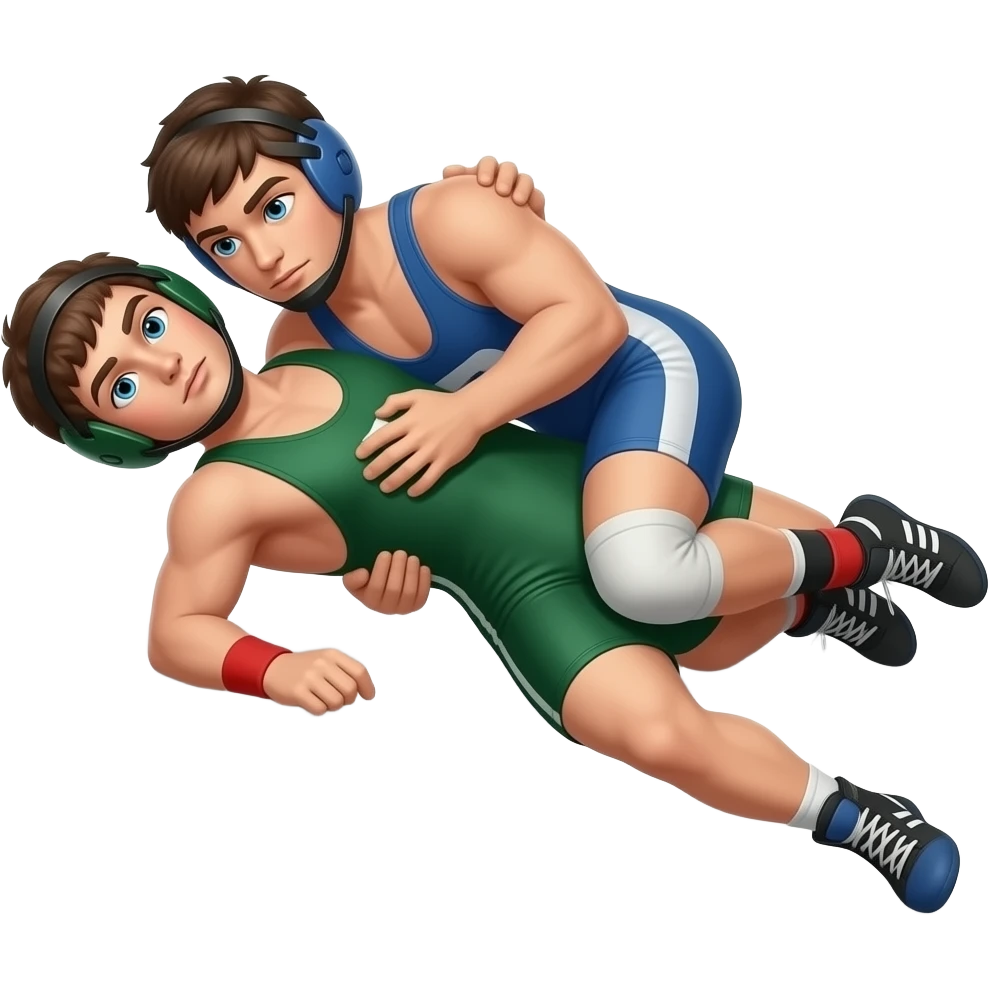 Erstelle ein Bild von zwei Uni-Wrestler in kurzen, knappen und engen Wrestler-suits, die beiden haben unterschiedlich Farben an (Grün und blau) und sie ringen liegend miteinander auf dem Boden emoji