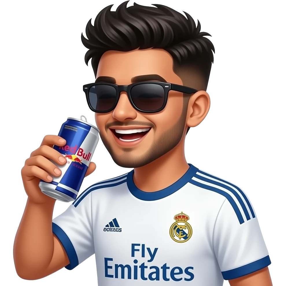 Indian young boy laughing,, late teens, with light trimmed beard, side fades with messy spikes hairstyle, drinking red watermelon Can Red Bull with big dark black wayfarers and Real Madrid 2015-16 away kit emoji
