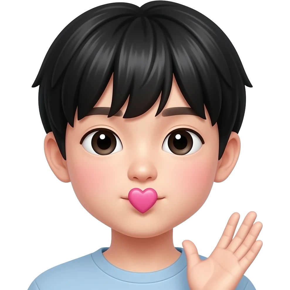 Sending kiss Cute Korean boy emoji, soft black straight bangs, pale skin, 😘 blowing lips, gentle round eyes, subtle mole under right eye, sending a pink heart near lips, glossy 3D Pixar-style render, realistic Korean idol vibe, face and hand only emoji