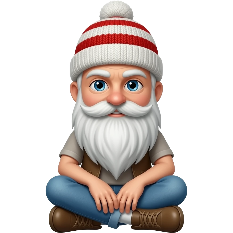 Waldo, a skinny  old man with a long white beard and mustache  wearing a red and white striped knit beanie hat sitting crossed legs on the floor (fullbody) emoji