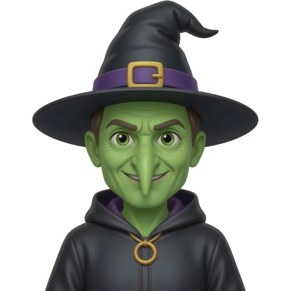 front bust shot of a green skin long nose witch emoji
