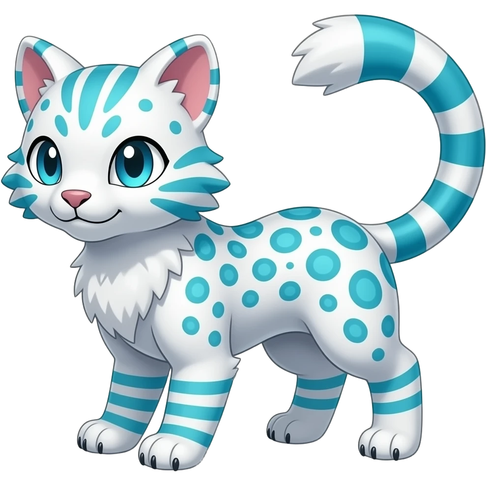 Colorful Meloetta-Sergal-Snow-Leopard-Civet-Genet-Pokémon-Digimon-Fakémon-fusion-hybrid-creature with Cyan stripes and blue leopard-spot-markings emoji