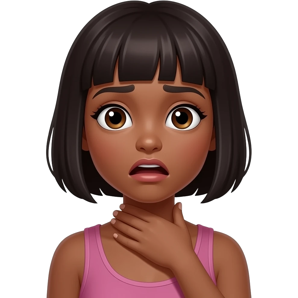 Black girl crashing out choking her self. Darker and she hadd short bob and hand around her neck she is in panic emoji