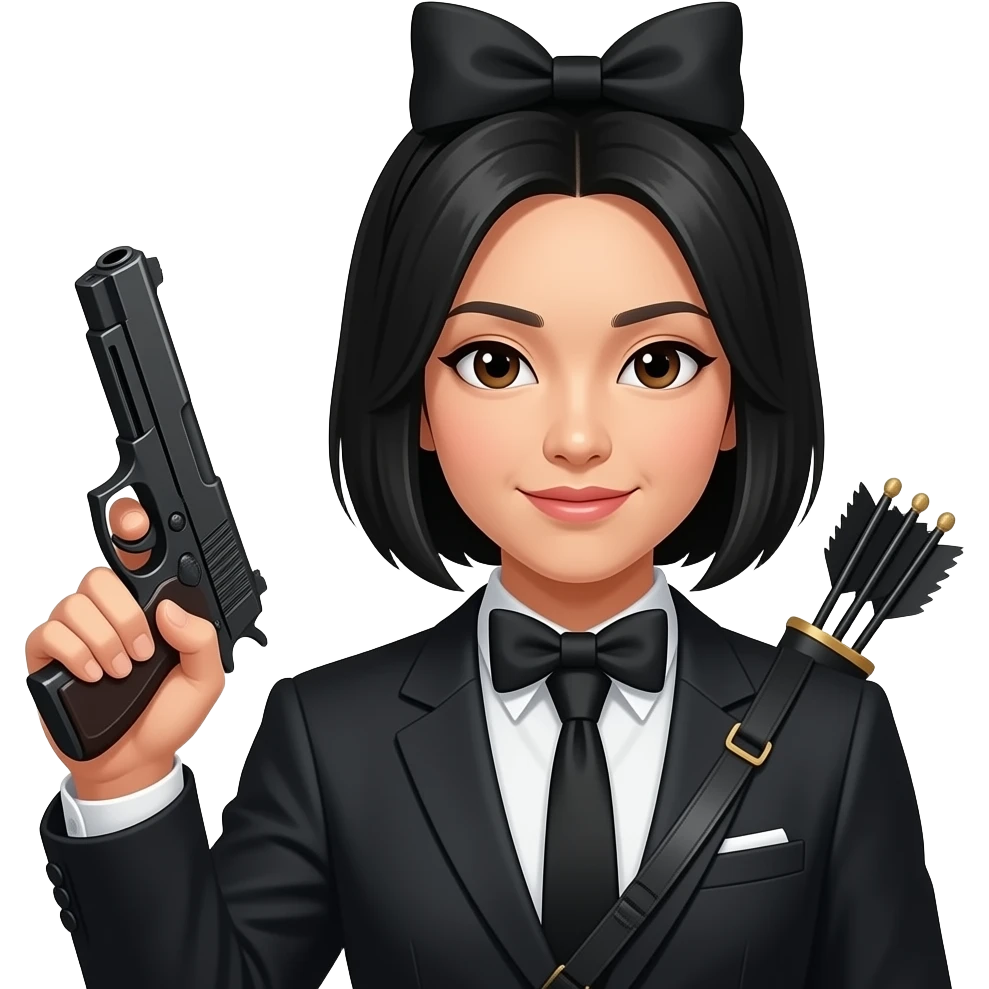 A Murderer with a black bow and a gun with a bow in the hand yellow person emoji