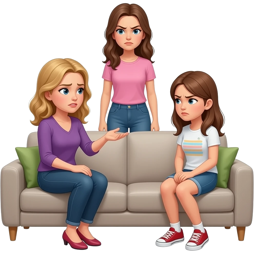 adult women  looking guilty sitting on couch talking with a teenage girl other women in angry and standing emoji