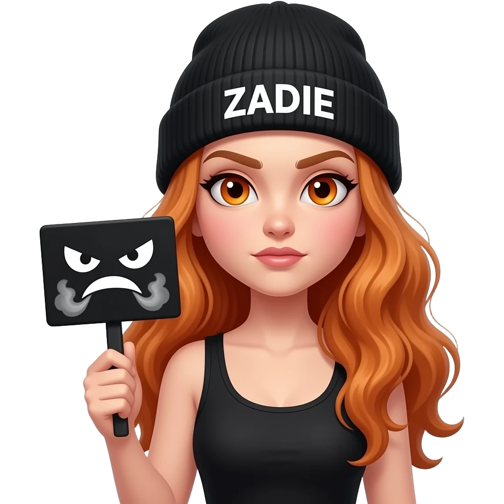 sexy girl with overlong wavy ginger hair and ginger eyes wearing a black tanktop and a black beanie with ZADIE written on it, is holding a black sign with 😤 on it emoji