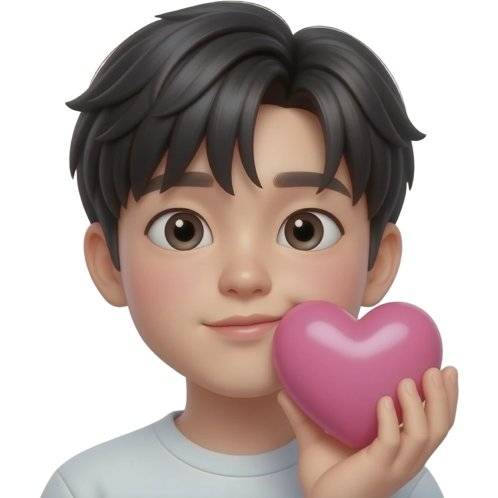 Sending kiss Cute Korean boy emoji, soft black straight bangs, pale skin, 😘 blowing lips, gentle round eyes, sending a big 3D pink heart near cheek and a hand under the heart, glossy 3D Pixar-style render, realistic Korean idol vibe, just face only emoji