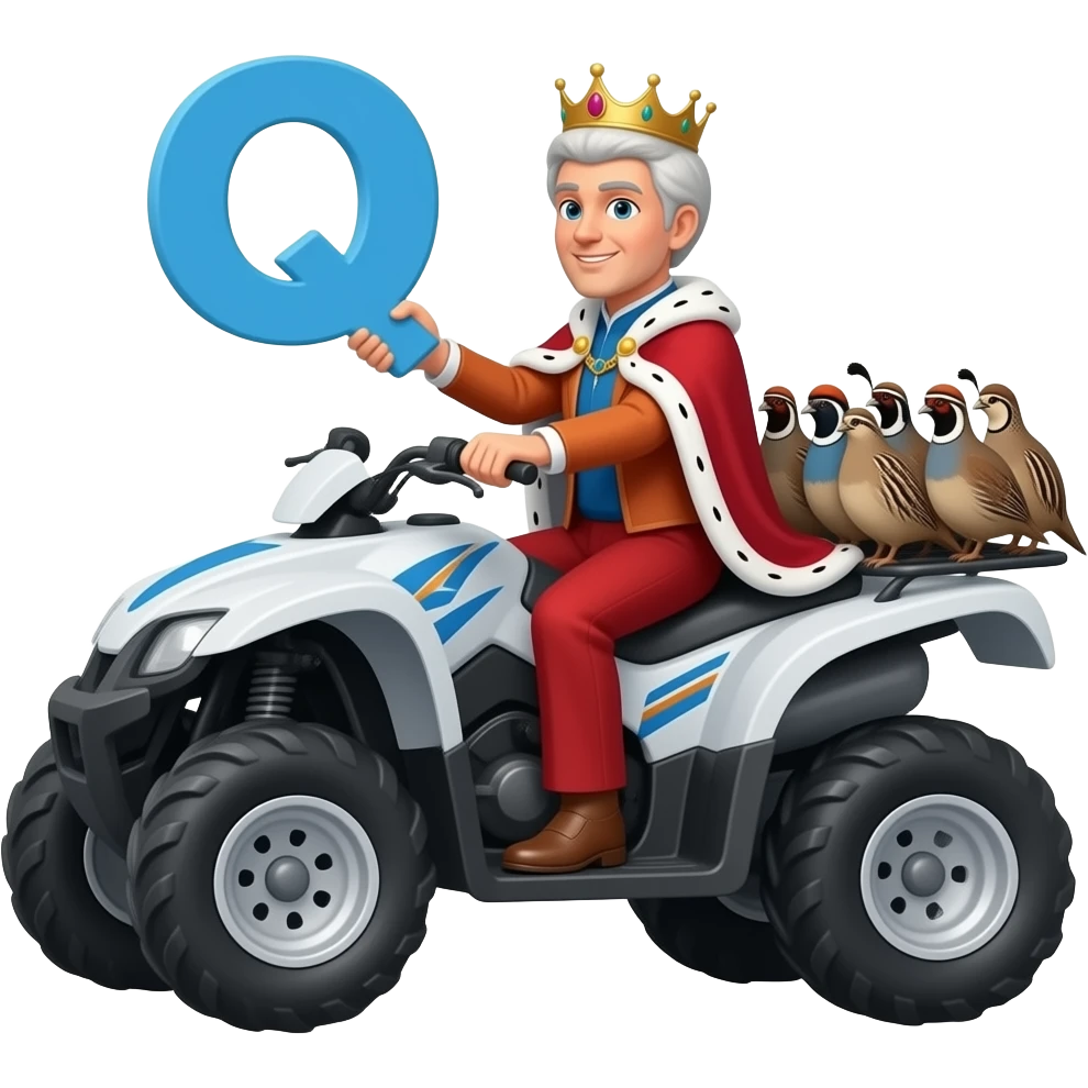 Queen driving a quad Quacker telling quail to be quiet letter q emoji