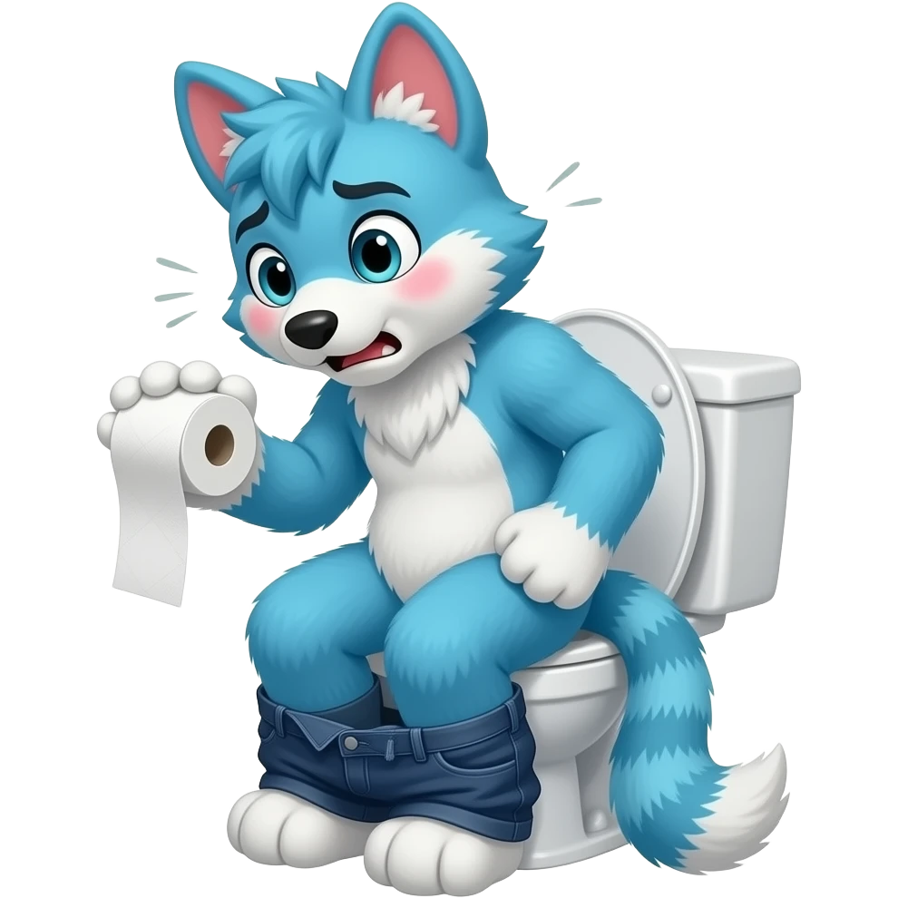 blue fursuit sitting on toilet, side view, pants down, straining face, blushing face, pain, pushing, holding toilet paper, discomfort, grunting emoji