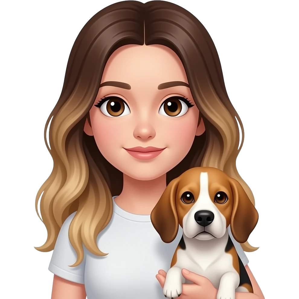 Girl with long brown balayage hair parted on the left side with dark brown eyes and pale skin holding an old beagle emoji