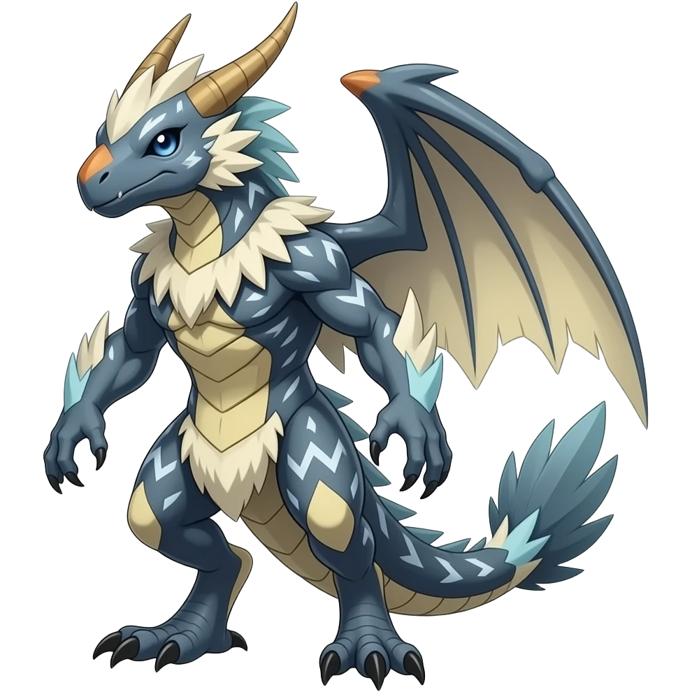 Raptorik scaley feathery horned Amaura-Wargreymon-Aurorus-ExVeemon-WereGarurumon-Pokémon-Fakémon-hybrid-fusion-creature, full body emoji