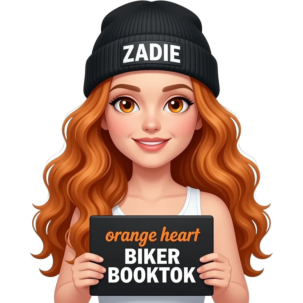 TEXT_sexy girl with overlong wavy ginger hair and ginger eyes wearing a white tanktop and a black beanie with ZADIE written on it, is holding a black sign with 🧡BIKER🧡 BOOKTOK written on it emoji