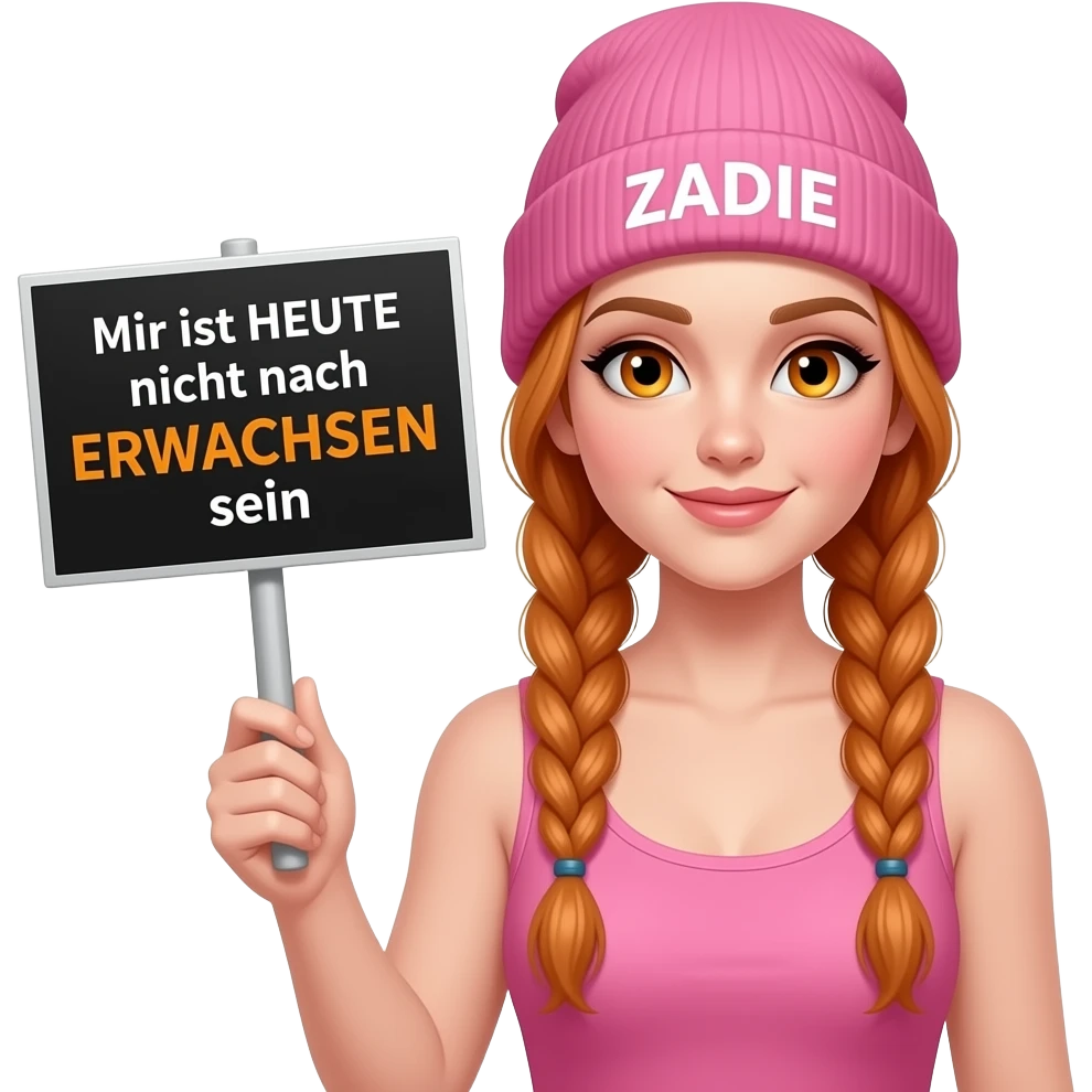 sexy girl with overlong ginger braids and ginger eyes wearing a pink tanktop and a pink beanie with ZADIE written on it, is holding a black sign with Mir ist HEUTE nicht nach ERWACHSEN sein  on it emoji