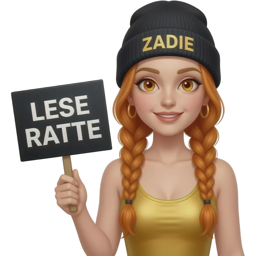 sexy girl with overlong ginger braids and ginger eyes wearing a gold tanktop and a black beanie with ZADIE written on it, is holding a black sign with LESE RATTE written on it emoji