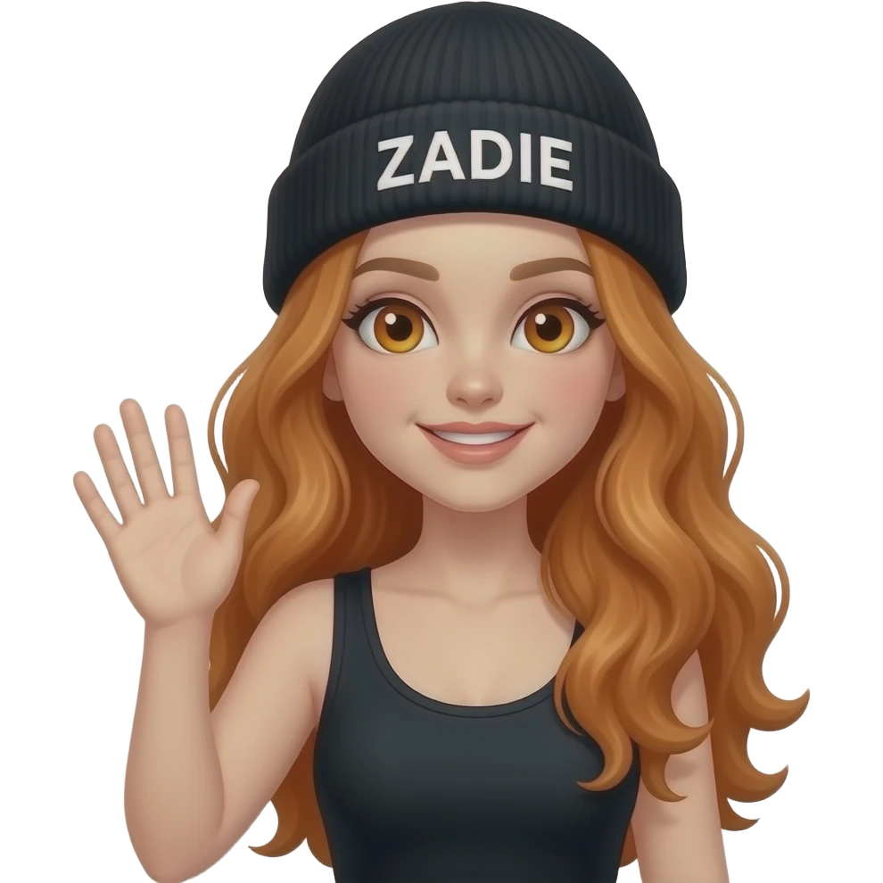 sexy girl with overlong wavy ginger hair and ginger eyes wearing a black tanktop and a black beanie with ZADIE written on it, is waving a hello emoji