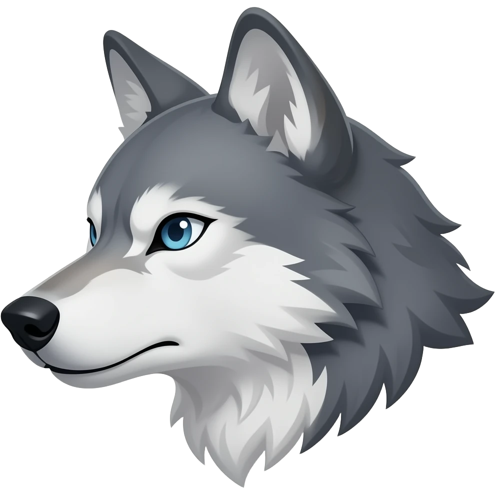 angry face light gray wolf head little bit anime eyes realistic Turn sideways light blue gray eyes emoji