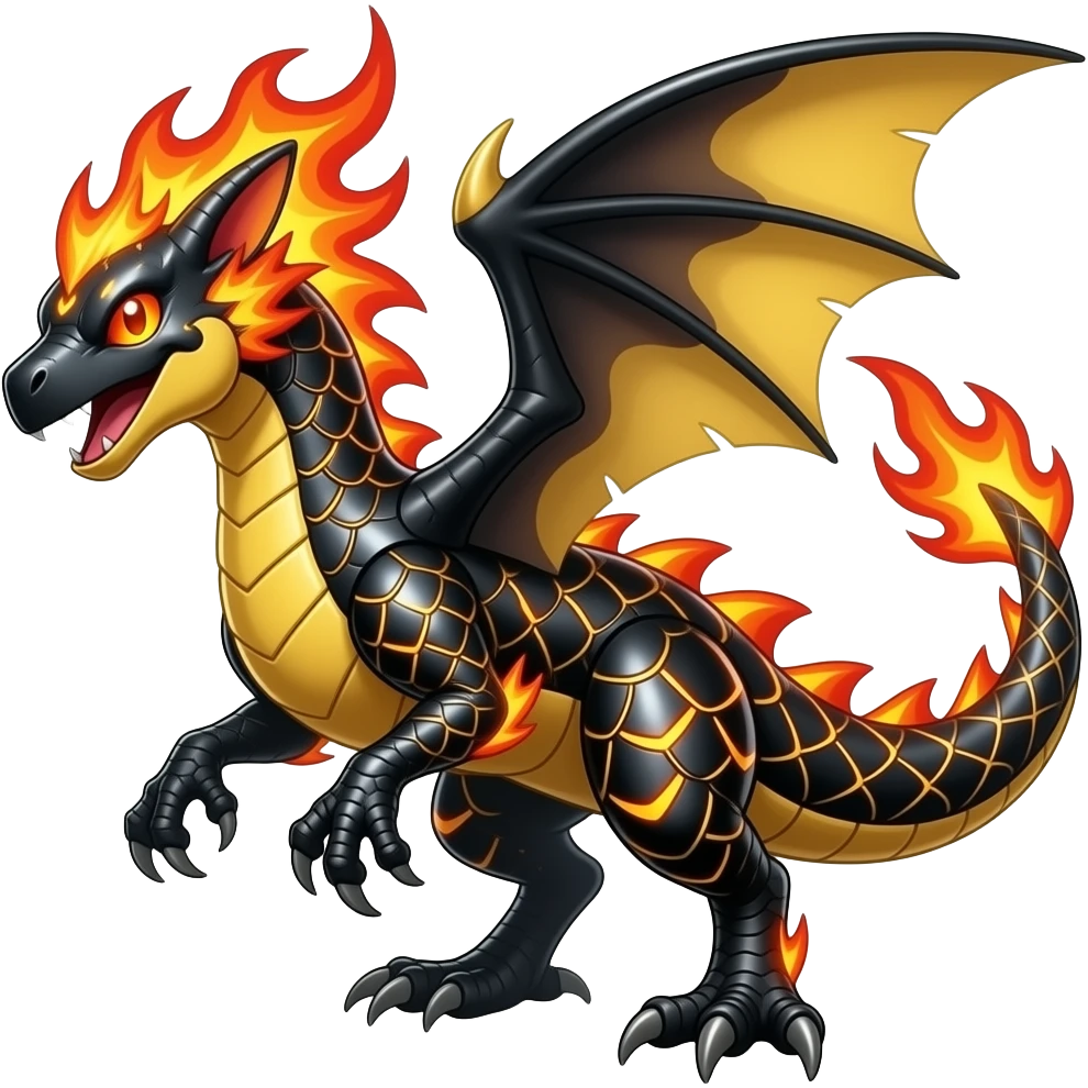 Shiny edgy cool badass fiery gold volcanic Raptorik feathery spicy Furry scaly oily black with neon-markings Salandit-Salamence-Ekans-Seviper-Rapidash-Salazzle-Fakemon-hybrid emoji