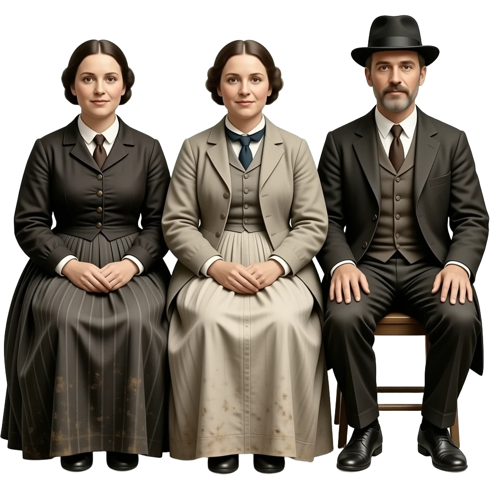 two fat mothers and two skinny fathers depicted in sitting poses as in daguerreotypes posing in vintage civilian clothes - in daguerreotype format - chemically damaged emoji