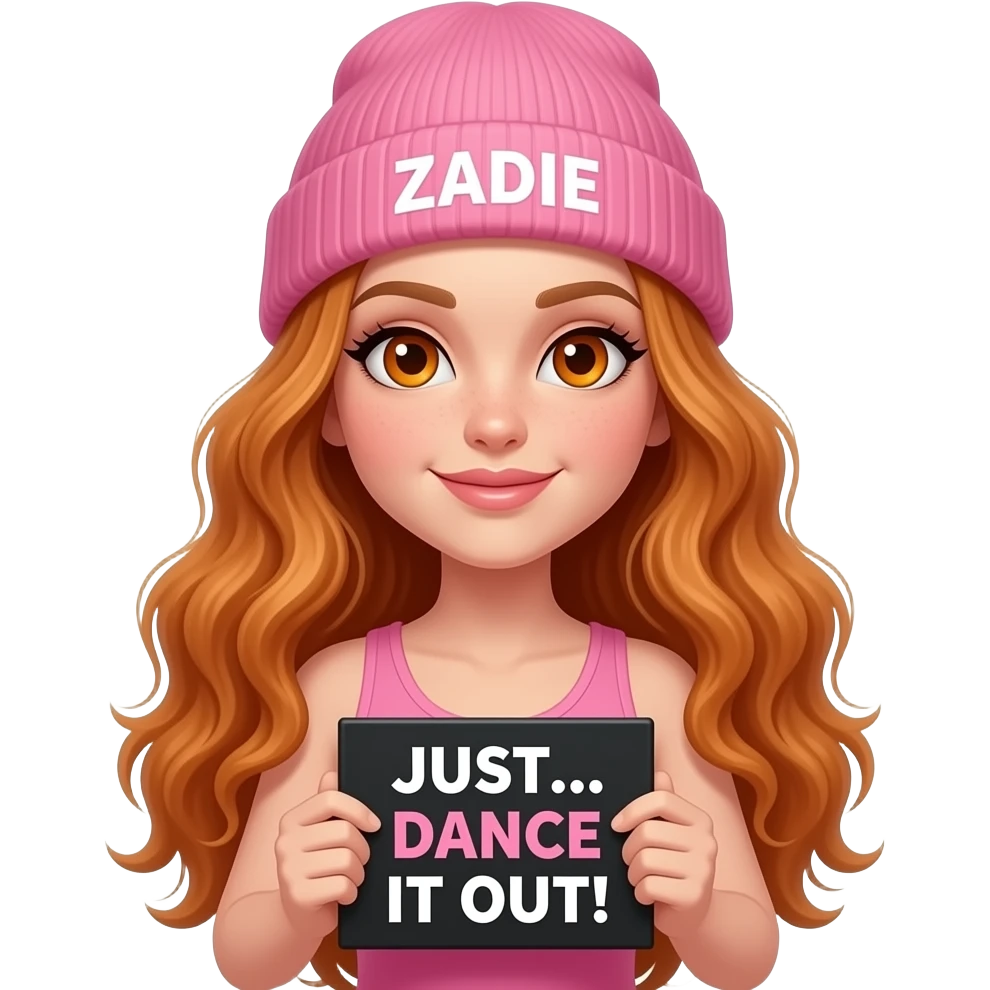 sexy girl with overlong wavy ginger hair and ginger eyes wearing a pink tanktop and a pink beanie with ZADIE written on it, is holding a black sign with JUST... DANCE IT OUT! written on it emoji