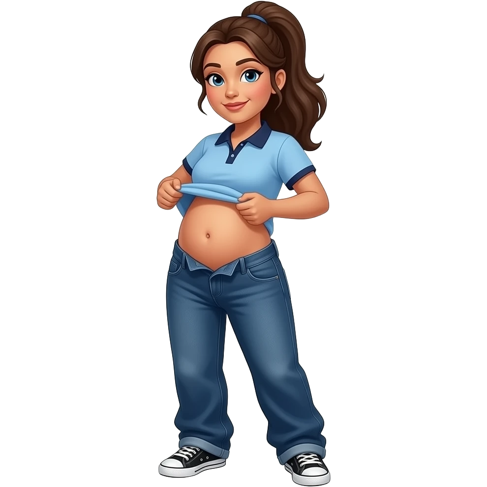 Hispanic woman with brown ponytail and blue eyes light blue dark blue lined polo and dark blue baggy jeans and belly button and black and white sneakers lifting her shirt funny belly trick emoji