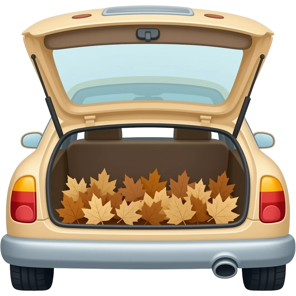 beige pastel car in the trunk many beige and brown autumn leaves emoji
