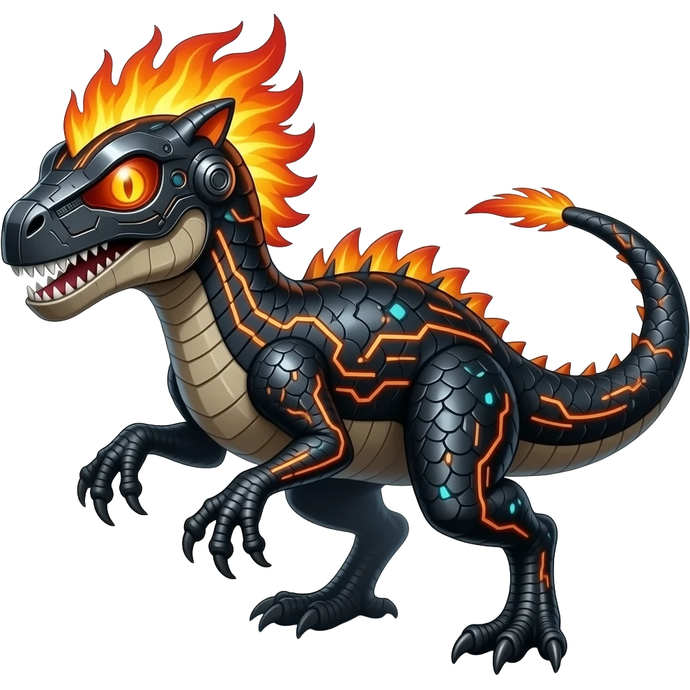 Cool edgy fiery cybernetic electrical visor-helmeted, Circuitry-patterned black-scaled digitigrade futuristic raptorik fantasy-Cyberpunk-Steampunk-Solarpunk-Genesect-Cyclizar-Salazzle-Protogen-Fakémon-animal-hybrid, with neon feather-mane, and a tail blade, back spikes emoji