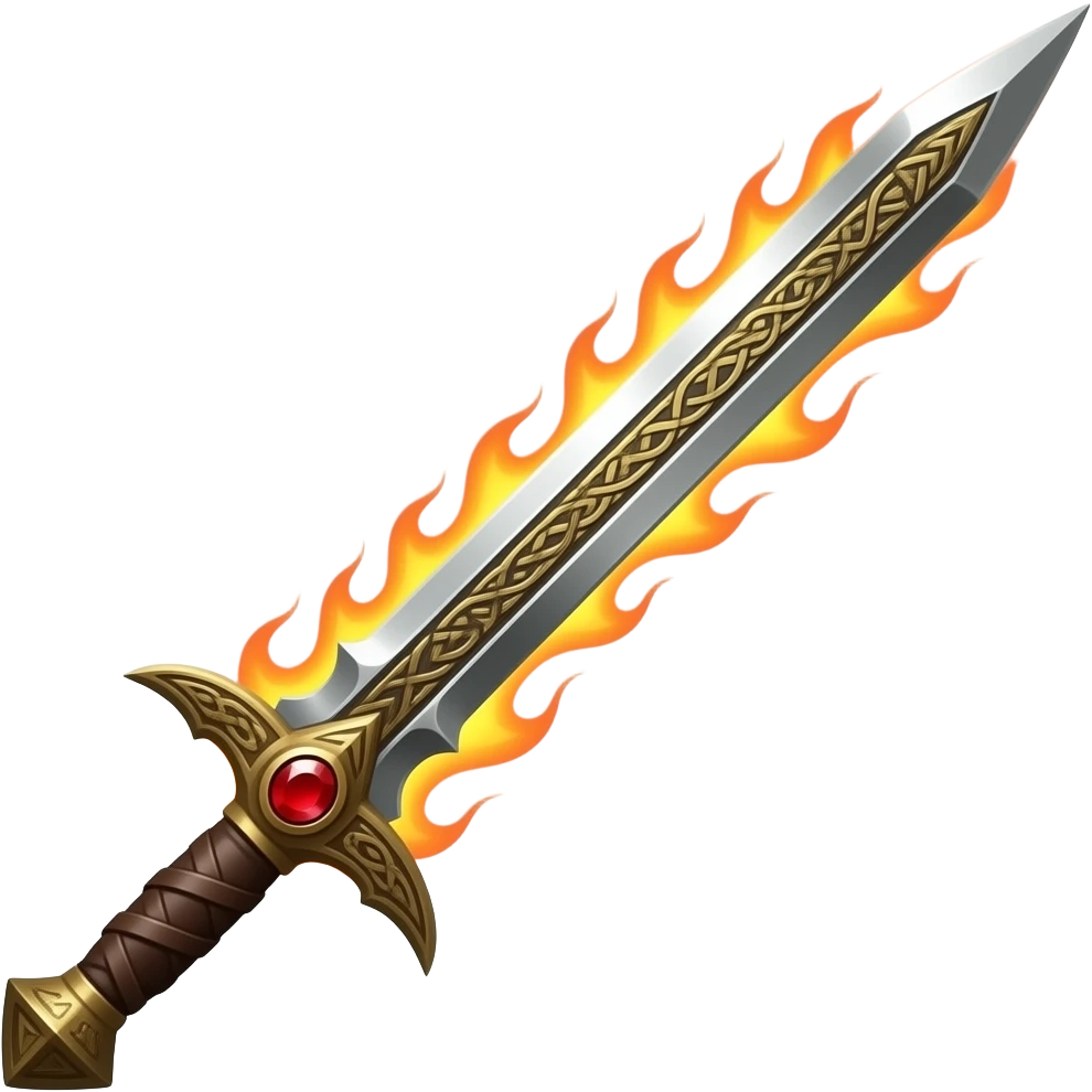 Realistic long thin flaming sword, Knight style sword, celtic runes engraved in the blade, wooden handle wrapped in leather, ruby gem at the hilt, realistic fire, pointed tip emoji