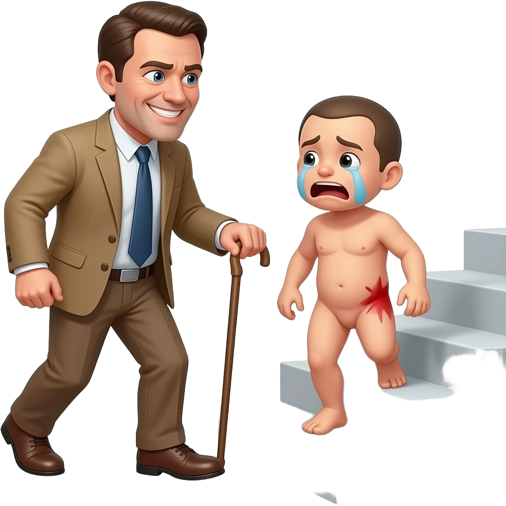 A cruelly smiling clothed man with a thin cane is marching a small, crying, naked man up a flight of stairs by the ear, his red buttocks are very bruised. emoji