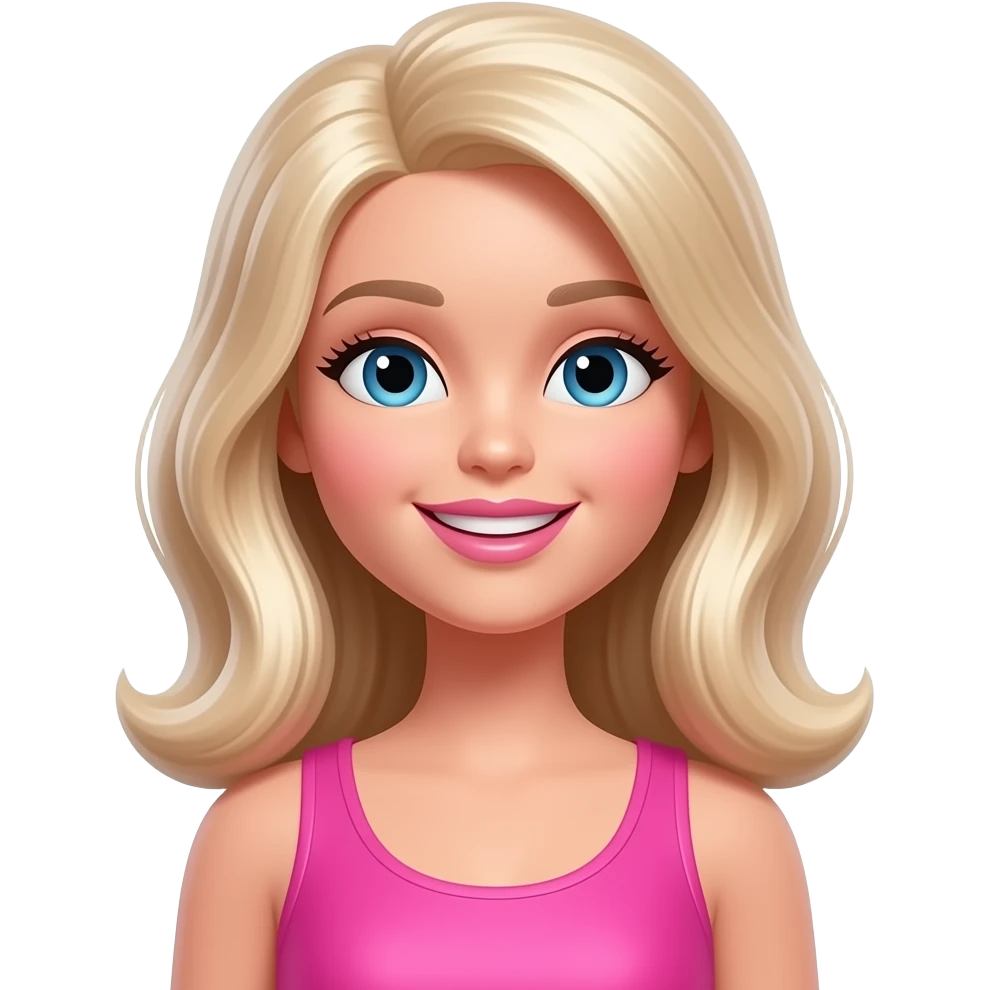 Happy Barbie-style blonde: A high-fashion, doll-like avatar with perfectly styled platinum blonde hair and a signature hot-pink, minimalist top. Her expression radiates joy—a bright, confident smile, sparkling eyes, and a cheerful, vibrant demeanor. emoji