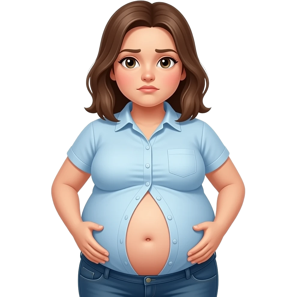 a girl with a huge stomach that is full to bursting,so bloated that she gets a tummyache,her bellybutton is poking out and her shrunk tight shirt buttonholes are at breaking point. emoji