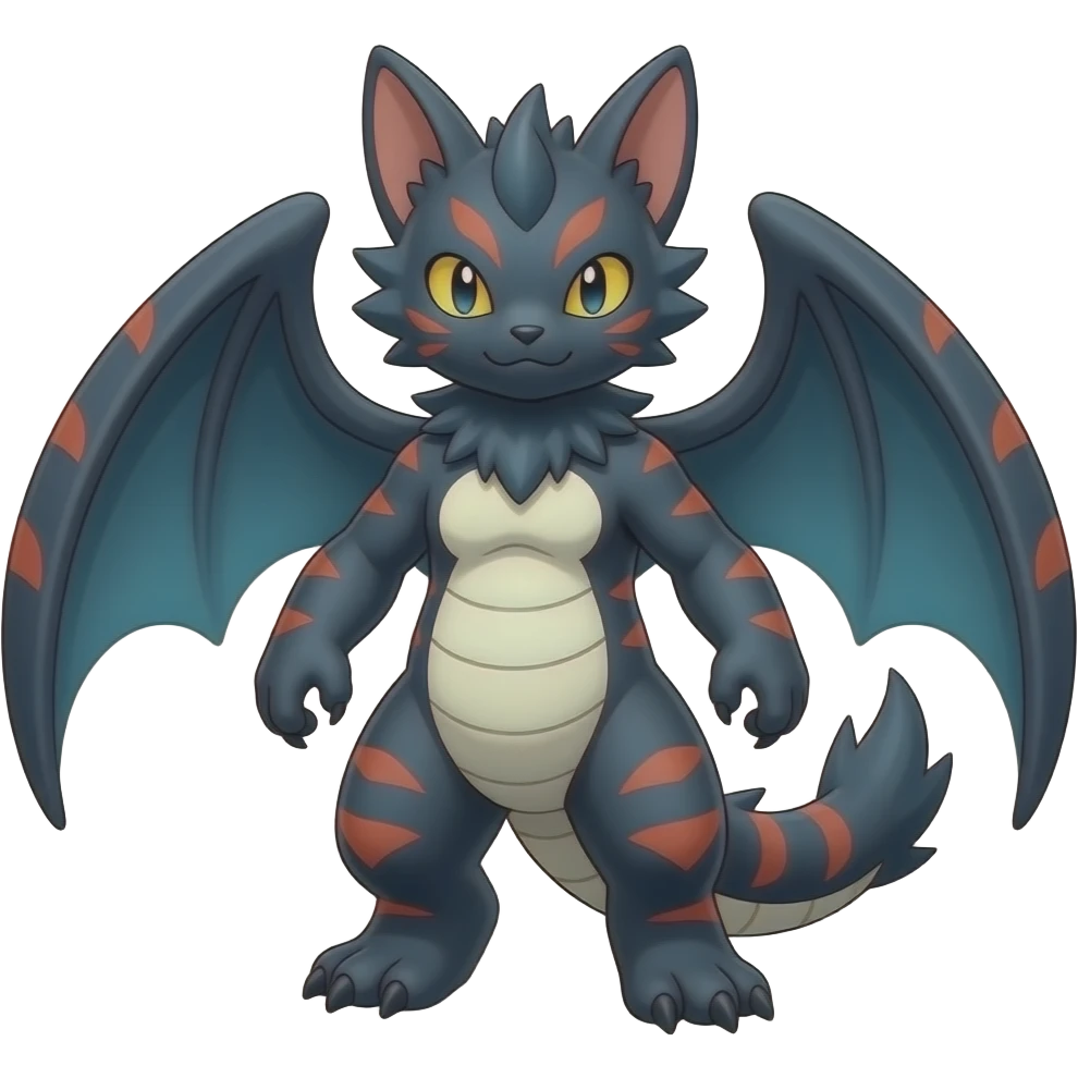 midnight blue-gray-black, with red markings, white belly, scaley Bastet-Noibat-Gatomon-Digimon-Fakémon-Pokémon-creature (full body) emoji
