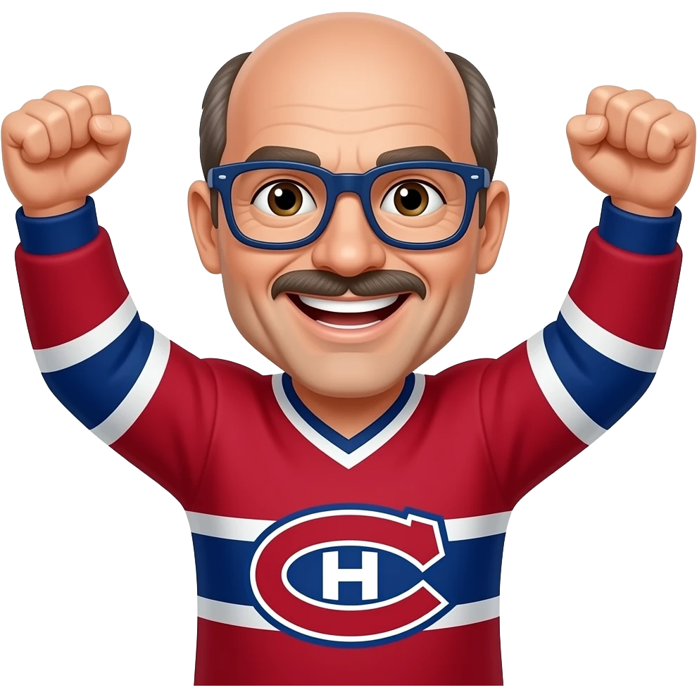 Male, Brown eyes, bald man, small mustache and chin strip, navy blue glasses, 50 years old, Montréal Canadiens, smiling showing teeth, cheering arms up emoji