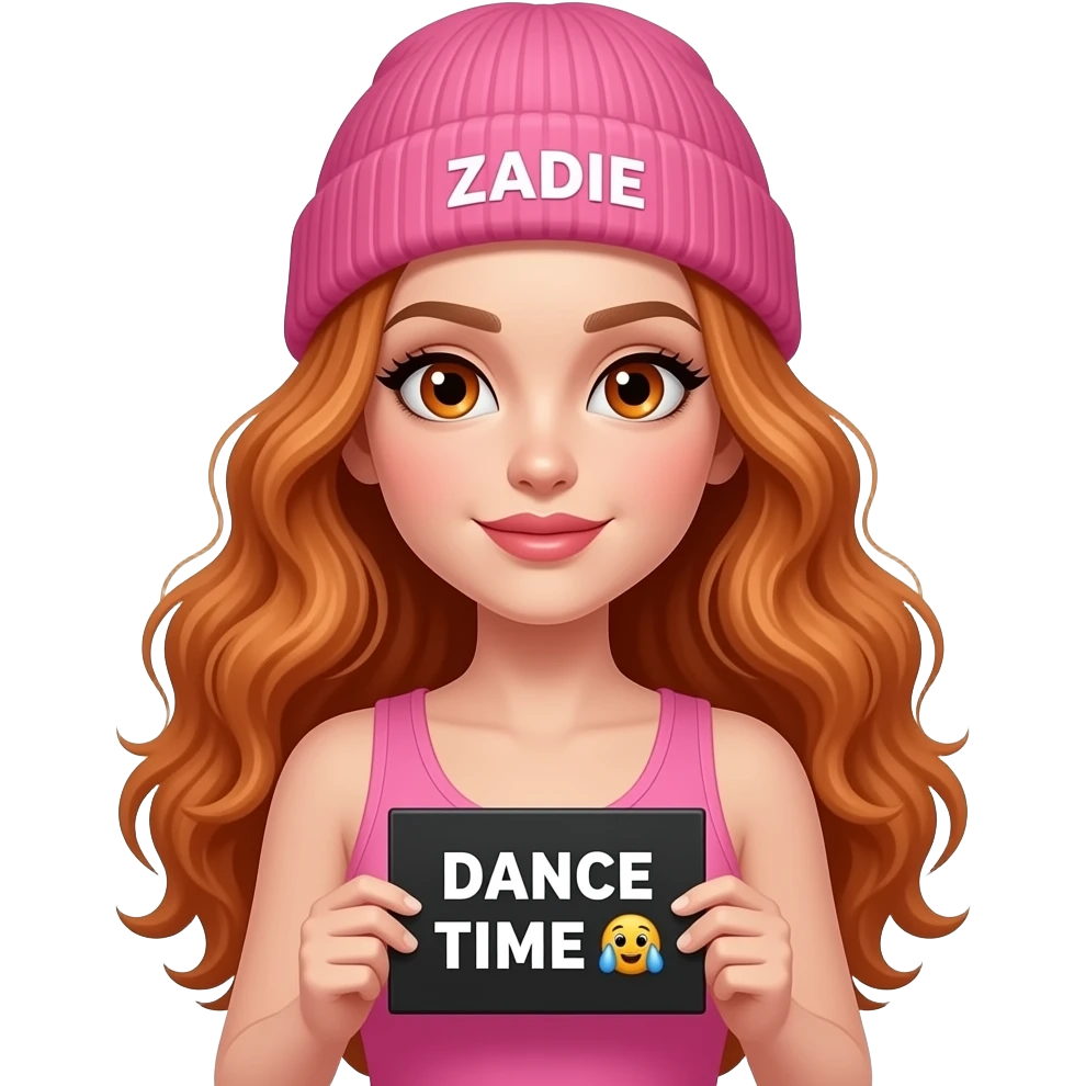 sexy girl with overlong wavy ginger hair and ginger eyes wearing a pink tanktop and a pink beanie with ZADIE written on it, is holding a black sign with DANCE TIME 💃 written on it emoji
