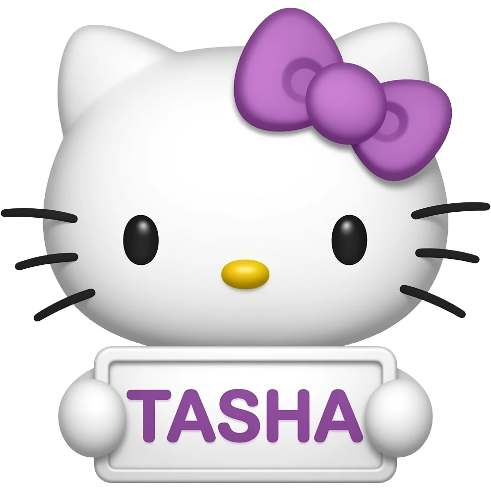 hello Kitty head with purple bow with with front paws holding a sign with the name TASHA emoji