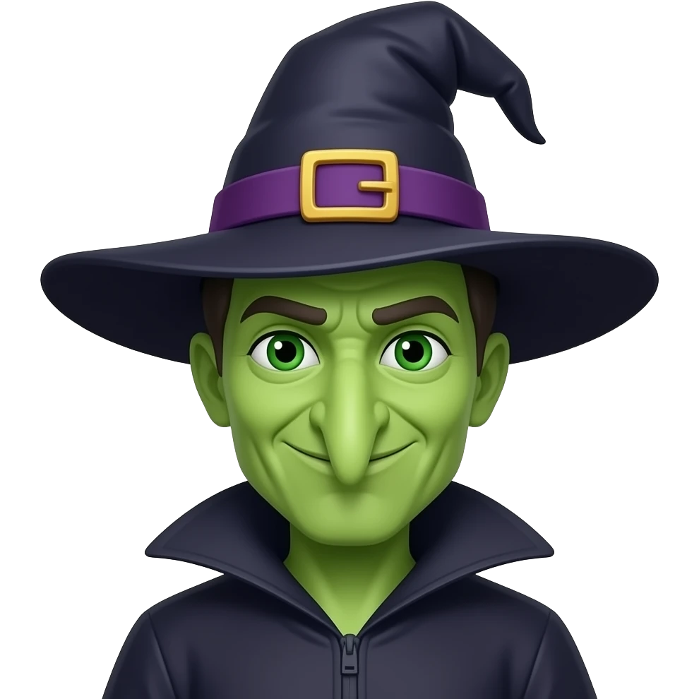 front bust shot of a green skin long nose witch emoji
