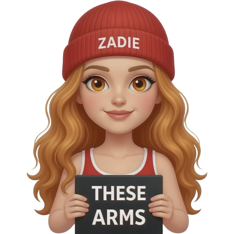 sexy girl with overlong wavy ginger hair and ginger eyes wearing a red tanktop and a red beanie with ZADIE written on it, is holding a black sign with THESE ARMS written on it emoji