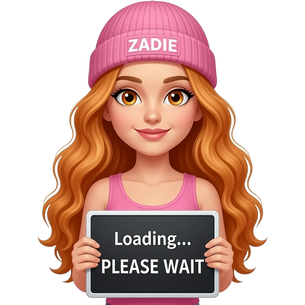 sexy girl with overlong wavy ginger hair and ginger eyes wearing a pink tanktop and a pink beanie with ZADIE written on it, is holding a black sign with Loading... PLEASE WAIT written on it emoji