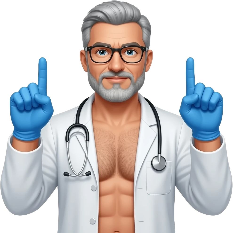 Erstelle ein Portrait von einem muskulösen grauhaarigen nackten Mann doctor mit Brille, er hat eine behaarte Brust und Bart, seine Brust soll gut mit auf dem Bild zusehen sein und er hat zieht sich grade blaue Latex Handschuhe demonstrative an und streckt zwei Finger dabei hoch emoji