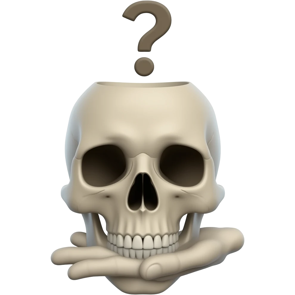 A thinking gesture of a skull head with a question mark above the head not on the skull itself emoji