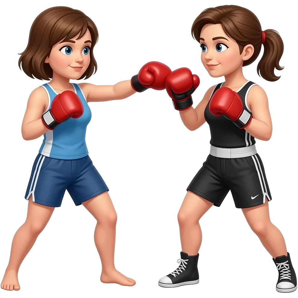 One woman kickboxing against another. Make them older and both Caucasian. Give them both brown hair and make their faces look older. Not boxing kickboxing. emoji