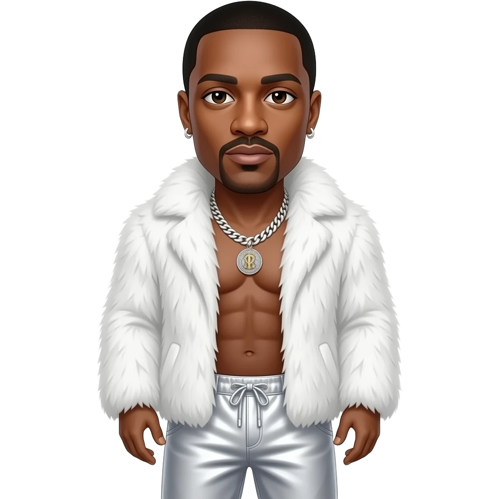 P. Diddy with dark brown eyes, black buzz cut hair, white fur shawl, white metallic baggy pants, shirtless with necklace and earrings emoji