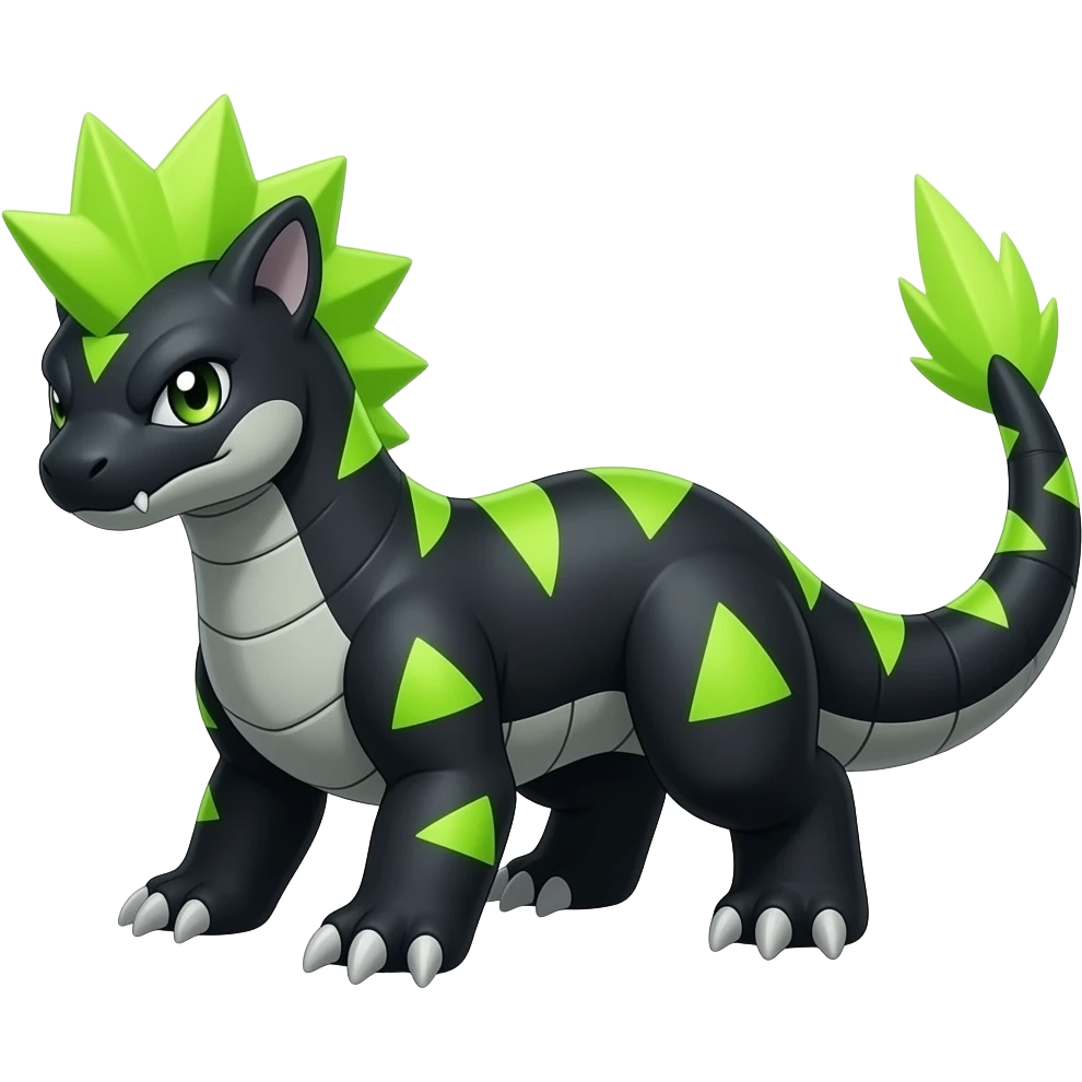 Cool edgy ancient black-scaled with neon-green triangular stripe markings digitigrade vintage futuristic raptorik fantasy-Cyberpunk-Steampunk-Solarpunk-Genesect-Salamence-Tyranitar-Brony-Vernid-Fionbri-Fakémon-animal-hybrid, with neon-green Mohawk, full body emoji
