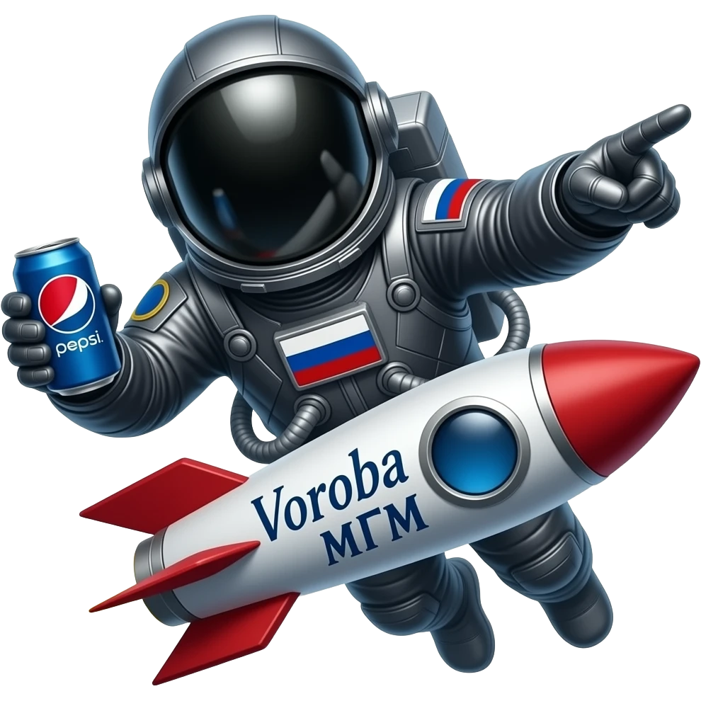 Космонавт в темном зеркальном скафандре летит на ракете на землю из космоса на ракете надпись Voroba мГм вокруг заезды в руке банка pepsi другой рукой показывает пальцем вперед намкостюме флаг России emoji