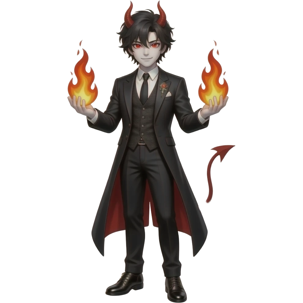 young demonic man with messy black hair, white skin, red eyes, in a gothic style suit with black pants and black, gothic-style shoes, and fire in his hands emoji