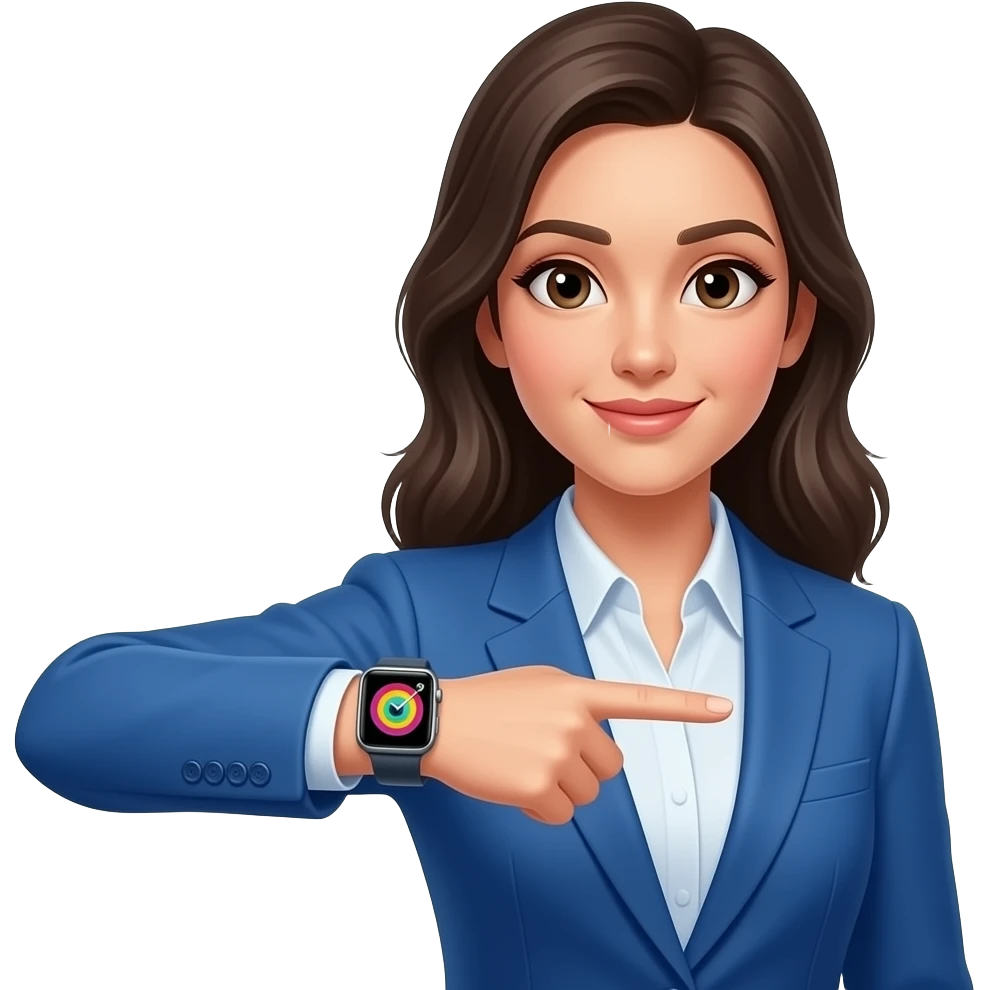 девушка  в голубом костюме показывает крупным планом   на часы APPl emoji