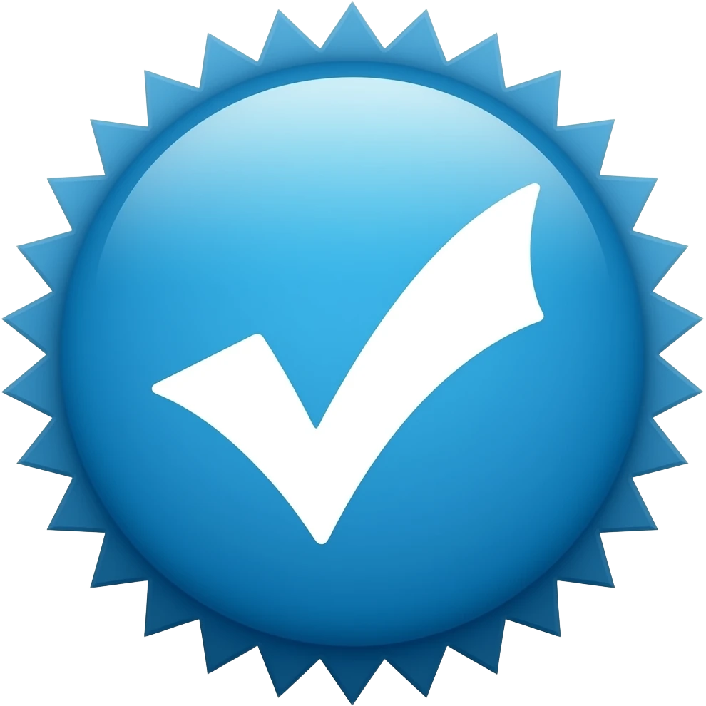 Verified badge blue for  pages without writing verified just a blue circle which has pointy edges all over and a white check mark inside emoji
