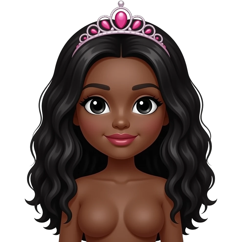 big lips, pink tiara, doll eyes, Doll, big chest, dark brown skin, with middle part curly long black hair, black cute eyes, with cute lip, without no bra emoji