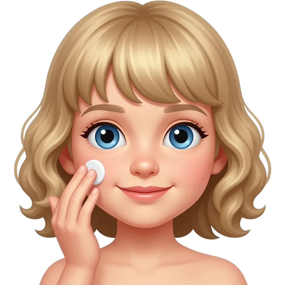 white kid blue eyes mid length hair to her shoulders with bangs soft curly hair to shoulders in color: middle to little darker blond. puts lotion on her face emoji